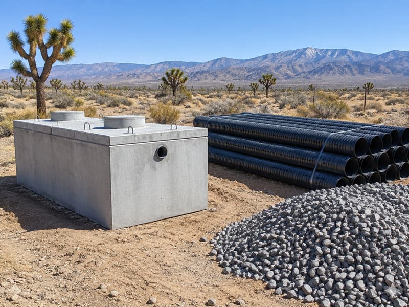 New concrete septic tank and leach line parts on a desert lot