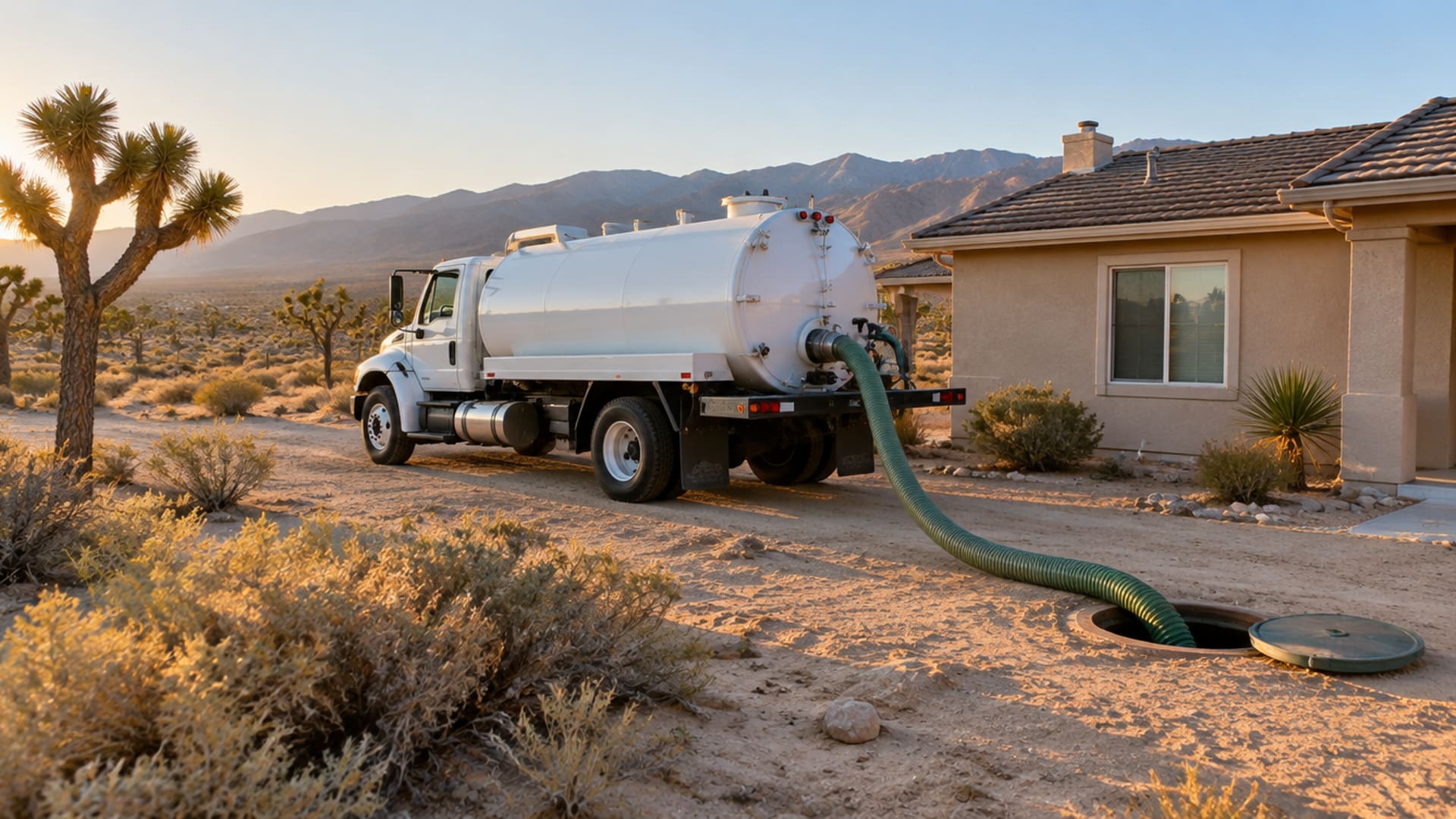 Septic pump truck at a desert home in Lancaster, California